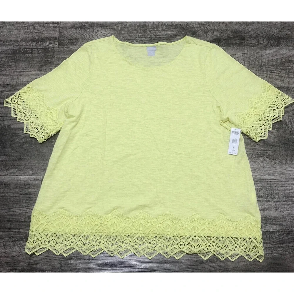 Chicos NWT Size 3 Chest 48” Slub lace hem/sleeve cotton T Shirt Blouse Sz XL A7 - Picture 1 of 7